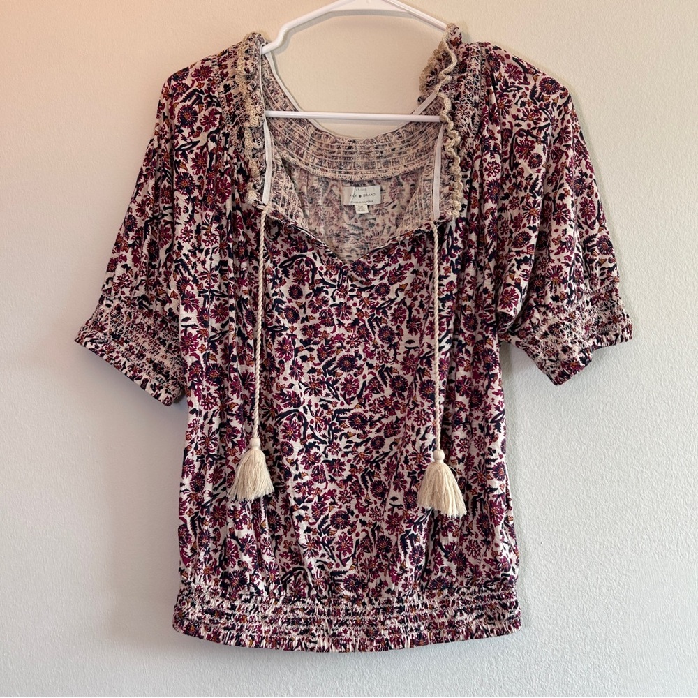Lucky Brand Floral Peasant Top Tassel Blouse Size Small